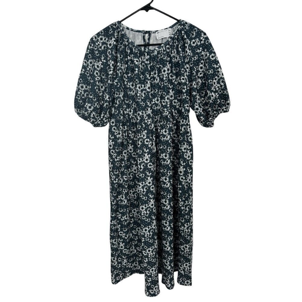 ASOS Design Ditsy Floral Print Teal Blue Puff Sleeves Tiered Smock Dress Sz 2